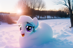 Size: 768x512 | Tagged: safe, derpibooru exclusive, imported from derpibooru, oc, oc only, pony, 3d, ai content, ai generated, cute, generator:novelai, generator:stable diffusion, lidded eyes, looking at you, open mouth, open smile, smiling, snow, solo