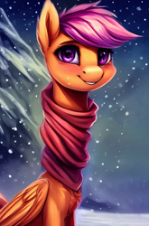 Size: 657x997 | Tagged: safe, imported from derpibooru, scootaloo, pegasus, pony, ai content, ai generated, clothes, dialogue, exploitable meme, female, generator:purplesmart.ai, generator:stable diffusion, impossibly long neck, long neck, long pony, looking at you, machine learning abomination, mare, meme, necc, neck, nope.avi, scarf, smiling, snow, snowfall, solo, wat