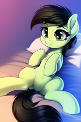 Size: 512x768 | Tagged: safe, imported from derpibooru, oc, oc only, oc:filly anon, earth pony, pony, ai content, ai generated, bed, belly button, chest fluff, female, filly, generator:novelai, generator:stable diffusion, lying down, lying on bed, on back, on bed, pillow, smiling, solo