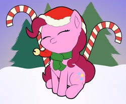 Size: 3000x2500 | Tagged: safe, artist:wasnttheredonenothing, imported from derpibooru, pinkie pie, earth pony, pony, candy, candy cane, clothes, cute, diapinkes, eyes closed, food, hat, scarf, solo, tree, winter