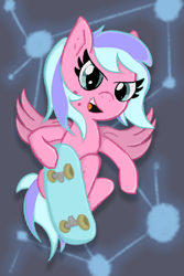 Size: 2053x3080 | Tagged: safe, artist:gean, imported from derpibooru, oc, oc only, oc:summer silk, pegasus, pony, complex background, skateboard, solo