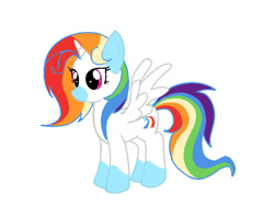 Size: 800x600 | Tagged: safe, artist:celedash, imported from derpibooru, oc, oc:celedash, alicorn, pony, alicorn oc, female, horn, mare, multicolored hair, rainbow hair, simple background, smiling, solo, spread wings, white background, wings