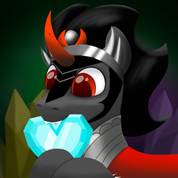 Size: 2167x2167 | Tagged: safe, artist:stellardust, derpibooru exclusive, imported from derpibooru, king sombra, pony, unicorn, armor, crystal, crystal heart, cute, fangs, happy, high res, jewelry, male, nom, solo, sombradorable, stallion, the crystal empire 10th anniversary