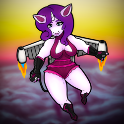 Size: 6000x6000 | Tagged: safe, artist:deathgum, imported from derpibooru, rarity, anthro, breasts, clothes, cloud, flying, jetpack, leotard, sky, sky background, solo, sunset