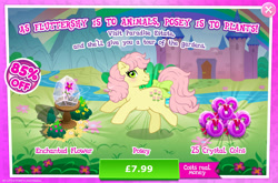 Size: 1960x1297 | Tagged: safe, idw, imported from derpibooru, posey, earth pony, advertisement, bow, bush, costs real money, english, female, flower, g1, g4, gameloft, idw showified, mare, my little pony: magic princess, numbers, official, river, sale, solo, solo focus, stream, tail, tail bow, text, water, wishing flower