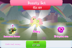 Size: 1268x857 | Tagged: safe, idw, imported from derpibooru, posey, earth pony, bow, bundle, bush, costs real money, english, female, flower, g1, g4, gameloft, idw showified, mare, my little pony: magic princess, numbers, official, river, sale, solo, solo focus, stream, tail, tail bow, text, water, wishing flower