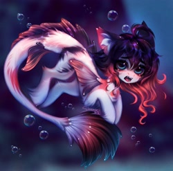 Size: 3261x3224 | Tagged: safe, artist:shenki, imported from derpibooru, oc, oc only, original species, pony, blue eyes, bubble, digital art, dorsal fin, fangs, fins, fish tail, flowing mane, flowing tail, koi pony, looking at you, ocean, open mouth, signature, slim, solo, tail, underwater, unshorn fetlocks, water