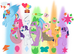 Size: 1280x927 | Tagged: safe, artist:princessshadowluna, imported from derpibooru, applejack, fluttershy, pinkie pie, rainbow dash, rarity, spike, twilight sparkle, alicorn, draconequus, dragon, alicornified, alternate cutie mark, applecorn, draconequified, flutterequus, mane seven, mane six, older, older spike, pinkonequus, race swap, rainbowcorn, raricorn, simple background, species swap, transparent background, twilight sparkle (alicorn)