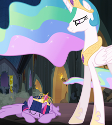 Size: 1747x1956 | Tagged: safe, composite screencap, edit, edited screencap, imported from derpibooru, screencap, princess celestia, twilight sparkle, alicorn, pony, princess twilight sparkle (episode), big crown thingy, castle of the royal pony sisters, element of magic, jewelry, regalia, twilight sparkle (alicorn)