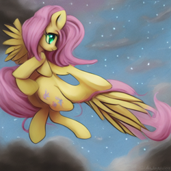 Size: 512x512 | Tagged: safe, imported from derpibooru, prompter:tour, fluttershy, pegasus, pony, ai content, ai generated, anatomically incorrect, cloud, flying, generator:stable diffusion, machine learning abomination, night, night sky, sky, solo, stars