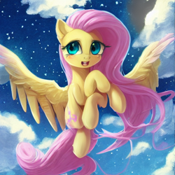Size: 512x512 | Tagged: safe, imported from derpibooru, prompter:tour, fluttershy, pegasus, pony, ai content, ai generated, anatomically incorrect, cloud, flying, generator:stable diffusion, machine learning abomination, open mouth, open smile, sky, smiling, solo, stars