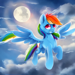 Size: 512x512 | Tagged: safe, imported from derpibooru, prompter:tour, rainbow dash, pegasus, pony, ai content, ai generated, cloud, flying, full moon, generator:stable diffusion, moon, sky, solo, spread wings, wings