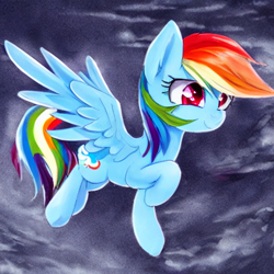 Size: 512x512 | Tagged: safe, imported from derpibooru, prompter:tour, rainbow dash, pegasus, pony, ai content, ai generated, flying, generator:stable diffusion, night, night sky, sky, solo