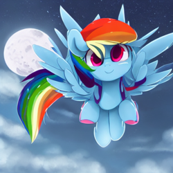 Size: 512x512 | Tagged: safe, imported from derpibooru, prompter:tour, rainbow dash, pegasus, pony, ai content, ai generated, colored hooves, derp, flying, full moon, generator:stable diffusion, moon, night, night sky, sky, solo