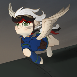 Size: 1000x1000 | Tagged: safe, artist:pollynia, imported from derpibooru, oc, oc only, pegasus, pony, aviator goggles, clothes, flying, goggles, male, midair, solo