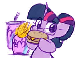 Size: 888x665 | Tagged: safe, artist:zutcha, imported from derpibooru, sci-twi, twilight sparkle, pony, unicorn, equestria girls, burger, equestria girls ponified, food, french fries, glasses, looking at you, simple background, soda, solo, that pony sure does love burgers, twilight burgkle, unicorn sci-twi, white background