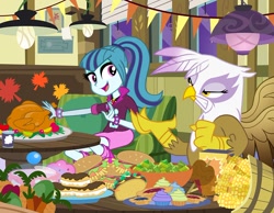 Size: 1200x929 | Tagged: safe, artist:pixelkitties, imported from derpibooru, gilda, sonata dusk, bird, griffon, human, turkey, equestria girls, burger, cake, cooked, cupcake, food, hamburger, hay burger, holiday, marÿke hendrikse, taco, thanksgiving, this will end in weight gain, voice actor joke