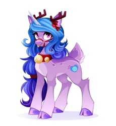 Size: 1104x1200 | Tagged: safe, artist:buvanybu, imported from derpibooru, izzy moonbow, deer, deer pony, original species, pony, reindeer, unicorn, antlers, bell, bell collar, cloven hooves, collar, deerified, g5, halter, long mane, open mouth, open smile, pale belly, reindeer antlers, reindeerified, simple background, slim, smiling, solo, species swap, tack, tongue out, white background