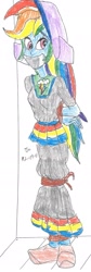 Size: 911x2704 | Tagged: safe, artist:godzilla713, imported from derpibooru, rainbow dash, human, equestria girls, bondage, bound and gagged, clothes, dress, dutch, dutch cap, gag, hat, humanized, long dress, long skirt, simple background, skirt, solo, white background