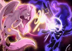 Size: 1750x1238 | Tagged: safe, artist:asura-00, imported from derpibooru, nightmare moon, princess celestia, alicorn, pony, lullaby for a princess, beam struggle, blast, crying, duo, duo female, female, fight, magic, magic aura, magic beam, magic blast, pink-mane celestia, scratches