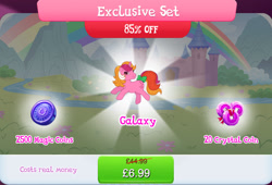 Size: 1266x861 | Tagged: safe, idw, imported from derpibooru, galaxy (g1), pony, unicorn, bow, bundle, costs real money, english, female, g1, g4, gameloft, horn, idw showified, magic coins, mare, my little pony: magic princess, numbers, official, river, sale, solo, solo focus, stream, tail, tail bow, text, water