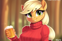 Size: 3072x2048 | Tagged: safe, derpibooru exclusive, imported from derpibooru, applejack, anthro, earth pony, ai content, ai generated, clothes, cute, drink, eyebrows, eyebrows visible through hair, female, generator:novelai, generator:stable diffusion, jackabetes, looking at you, smiling, solo, sweater, turtleneck, turtleneck sweater