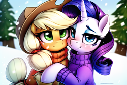 Size: 3072x2048 | Tagged: safe, derpibooru exclusive, imported from derpibooru, applejack, rarity, earth pony, pony, unicorn, ai content, ai generated, clothes, cute, duo, female, generator:novelai, generator:stable diffusion, hug, jackabetes, lesbian, lidded eyes, looking at you, raribetes, rarijack, shipping, snow, sweater, turtleneck, turtleneck sweater