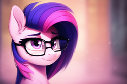 Size: 768x512 | Tagged: safe, imported from derpibooru, earth pony, pony, ai content, ai generated, ears, ears up, glasses, head, looking at you, not twilight sparkle, purple mane, smiling, smiling at you