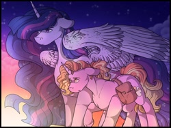 Size: 512x384 | Tagged: safe, artist:binibean, imported from derpibooru, luster dawn, twilight sparkle, alicorn, pony, unicorn, the last problem, bag, duo, female, older, older twilight, princess twilight 2.0, saddle bag, twilight sparkle (alicorn)