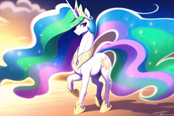 Size: 4608x3072 | Tagged: safe, imported from derpibooru, princess celestia, alicorn, pony, ai content, ai generated, beach, ethereal mane, female, generator:novelai, generator:stable diffusion, long neck, solo, sunset