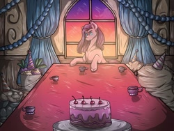 Size: 512x384 | Tagged: safe, artist:binibean, imported from derpibooru, madame leflour, mr. turnip, pinkie pie, rocky, sir lintsalot, earth pony, pony, party of one, cake, female, food, pinkamena diane pie, scene interpretation, solo