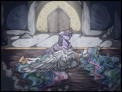 Size: 512x384 | Tagged: safe, artist:binibean, imported from derpibooru, princess celestia, twilight sparkle, alicorn, pony, princess twilight sparkle (episode), big crown thingy, crying, duo, element of magic, female, jewelry, lying down, regalia, scene interpretation, twilight sparkle (alicorn)