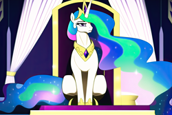Size: 4608x3072 | Tagged: safe, derpibooru exclusive, imported from derpibooru, princess celestia, alicorn, pony, ai assisted, ai content, ai generated, celestia is not amused, crown, ethereal mane, eyebrows, female, frown, generator:novelai, generator:stable diffusion, high res, jewelry, mare, regalia, sitting, solo, throne, throne room, unamused