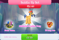 Size: 1265x854 | Tagged: safe, imported from derpibooru, mustafa combe, crystal pony, pony, siren, bundle, bush, cap, costs real money, crystal, english, facial hair, gameloft, hat, implied adagio dazzle, implied aria blaze, implied sonata dusk, male, moustache, my little pony: magic princess, numbers, official, sale, solo, solo focus, stallion, statue, text