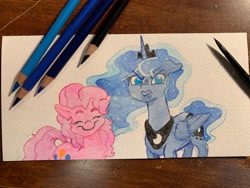 Size: 4032x3024 | Tagged: safe, artist:lost marbles, artist:oxfordinaryart, imported from derpibooru, pinkie pie, princess luna, alicorn, earth pony, pony, colored pencils, duo, smiling, traditional art, watercolor painting