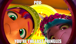 Size: 798x467 | Tagged: safe, edit, edited screencap, imported from derpibooru, screencap, izzy moonbow, sunny starscout, earth pony, pony, unicorn, spoiler:g5, spoiler:winter wishday, caption, chips, food, g5, image macro, imminent vore, meme, my little pony: make your mark, my little pony: make your mark chapter 3, offscreen character, ponified, ponified meme, potato chips, pringles, reference, text, winter wishday