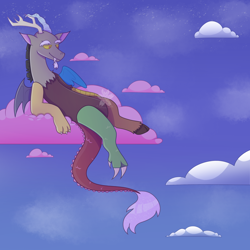 Size: 1890x1890 | Tagged: safe, artist:padfoottg, imported from derpibooru, discord, draconequus, cloud, cotton candy, cotton candy cloud, food, lying down, lying on a cloud, male, on a cloud, on back, signature, smiling, solo, watermark