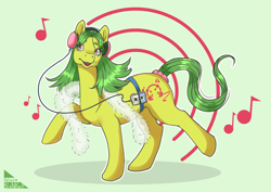 Size: 5787x4092 | Tagged: safe, artist:katarablankart, imported from derpibooru, swinger, earth pony, pony, female, g1, headphones, music, solo