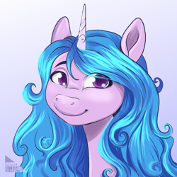 Size: 2000x2000 | Tagged: safe, artist:katarablankart, imported from derpibooru, izzy moonbow, pony, unicorn, bust, female, g5, gradient background, solo