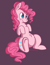 Size: 660x846 | Tagged: safe, artist:froutsuip, imported from derpibooru, pinkie pie, pony, belly, belly fluff, blushing, chest fluff, chubby, ear fluff, female, looking forward, raised hooves, signature, simple background, sitting, solo, underhoof