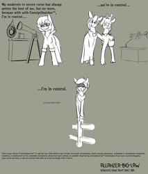 Size: 1000x1174 | Tagged: safe, artist:triplesevens, imported from derpibooru, oc, oc only, oc:balcony blitz, oc:civrev, oc:wicker wind, oc:ysfena, deer, goat, pony, reindeer, advertisement, commercial, conniption, dialogue, fence, meme, oracle, parody, tabletop game, text