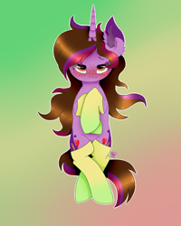 Size: 800x1000 | Tagged: safe, artist:kathepart, imported from derpibooru, oc, oc only, oc:kathepaint, pony, unicorn, blushing, brown eyes, clothes, female, gradient background, socks, solo