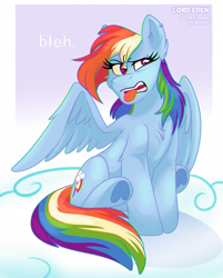 Size: 1342x1672 | Tagged: safe, artist:l0rdeden, imported from derpibooru, rainbow dash, pegasus, pony, bleh, chest fluff, disgusted, female, sitting, solo, tongue out, underhoof
