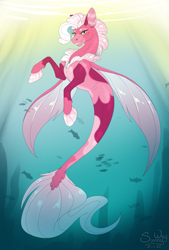 Size: 945x1400 | Tagged: safe, artist:sunny way, imported from derpibooru, oc, oc only, fish, pony, sea pony, seapony (g4), bubble, crepuscular rays, cute, female, fin wings, finished commission, fins, fish tail, flowing mane, flowing tail, freckles, mare, ocean, signature, smiling, solo, sunlight, tail, underwater, water, wings
