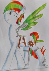 Size: 1614x2351 | Tagged: safe, artist:thecrimsonspark, imported from derpibooru, oc, oc only, oc:ember sparks, pegasus, amputee, artificial wings, augmented, mechanical wing, pegasus oc, prosthetic limb, prosthetic wing, prosthetics, reference sheet, solo, traditional art, wings