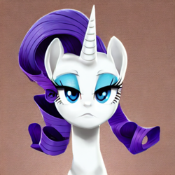 Size: 1080x1080 | Tagged: safe, imported from derpibooru, rarity, pony, unicorn, ai content, ai generated, bust, female, frown, generator:stable diffusion, lidded eyes, looking at you, portrait, prompter:vinphu1, solo