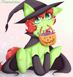 Size: 3300x3500 | Tagged: safe, artist:rafiiis, imported from derpibooru, oc, oc only, oc:apple spice, earth pony, pony, bucket, candy, cape, clothes, commission, costume, earth pony oc, female, food, halloween, hat, holiday, mouth hold, solo, witch, witch hat, ych result