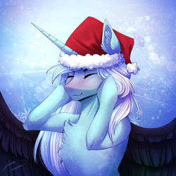 Size: 3000x3000 | Tagged: safe, artist:lunciakkk, imported from derpibooru, oc, oc:lea cupcake, alicorn, christmas, commission, hat, holiday, santa hat, slim, snow