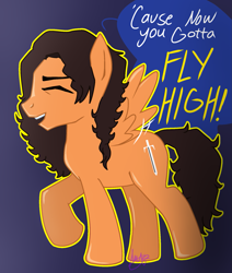 Size: 1449x1709 | Tagged: safe, artist:decaydaance, imported from derpibooru, pegasus, pony, glam metal, glam rock, male, mark slaughter, ponified, signature, simple background, singing, speech bubble, spread wings, stallion, text, wings