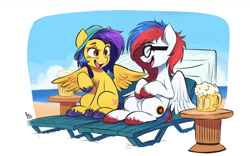 Size: 1440x900 | Tagged: safe, artist:fanzeem, imported from derpibooru, oc, oc only, oc:mixi creamstar, pegasus, pony, beach, beach chair, chair, colored hooves, duo, glasses, hat, open mouth, open smile, pegasus oc, smiling, star mark, unshorn fetlocks